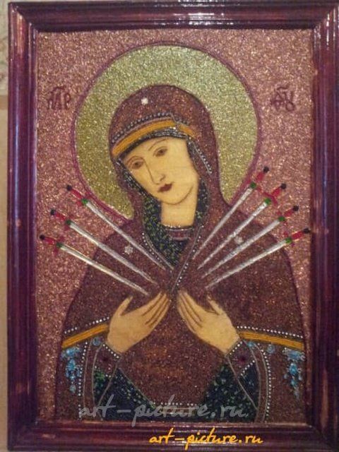 Икона Божией Матери "Умягчение злых сердец" Авторская техника,проволочный коллаж,проволока,лак,стразы,акрил.краски,бисер,выполненно на фанере,