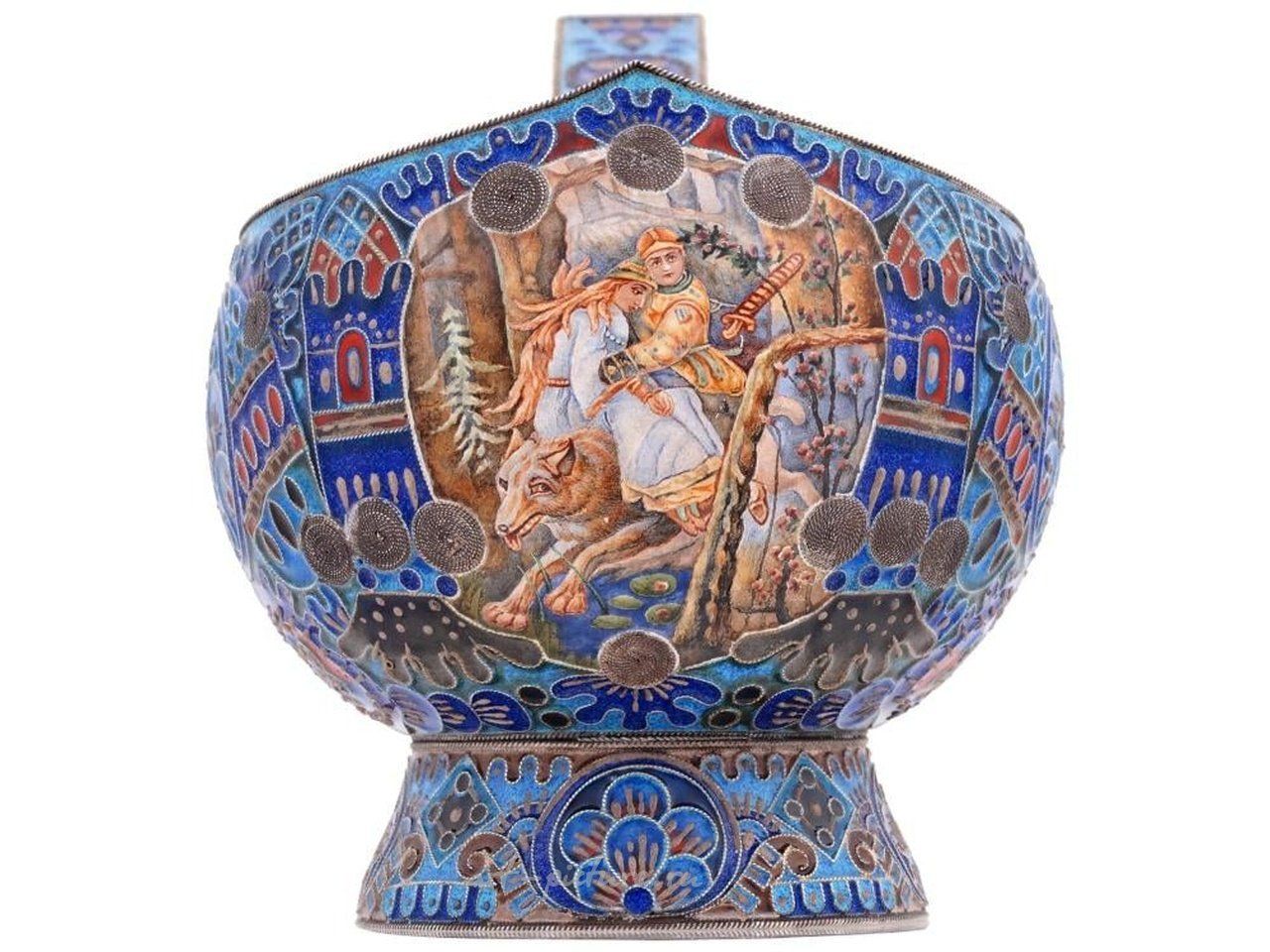 Русское серебро , Русская серебряная ковш с эмалью по клеточкам 84 пробы
