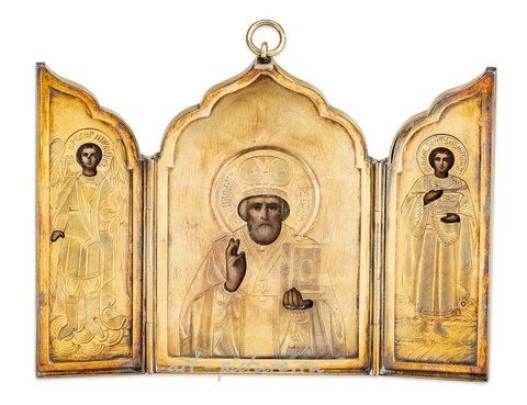 Русское серебро, РУССКАЯ ИКОНА-ТРИПТИХ С ПОЗОЛОТОЙ