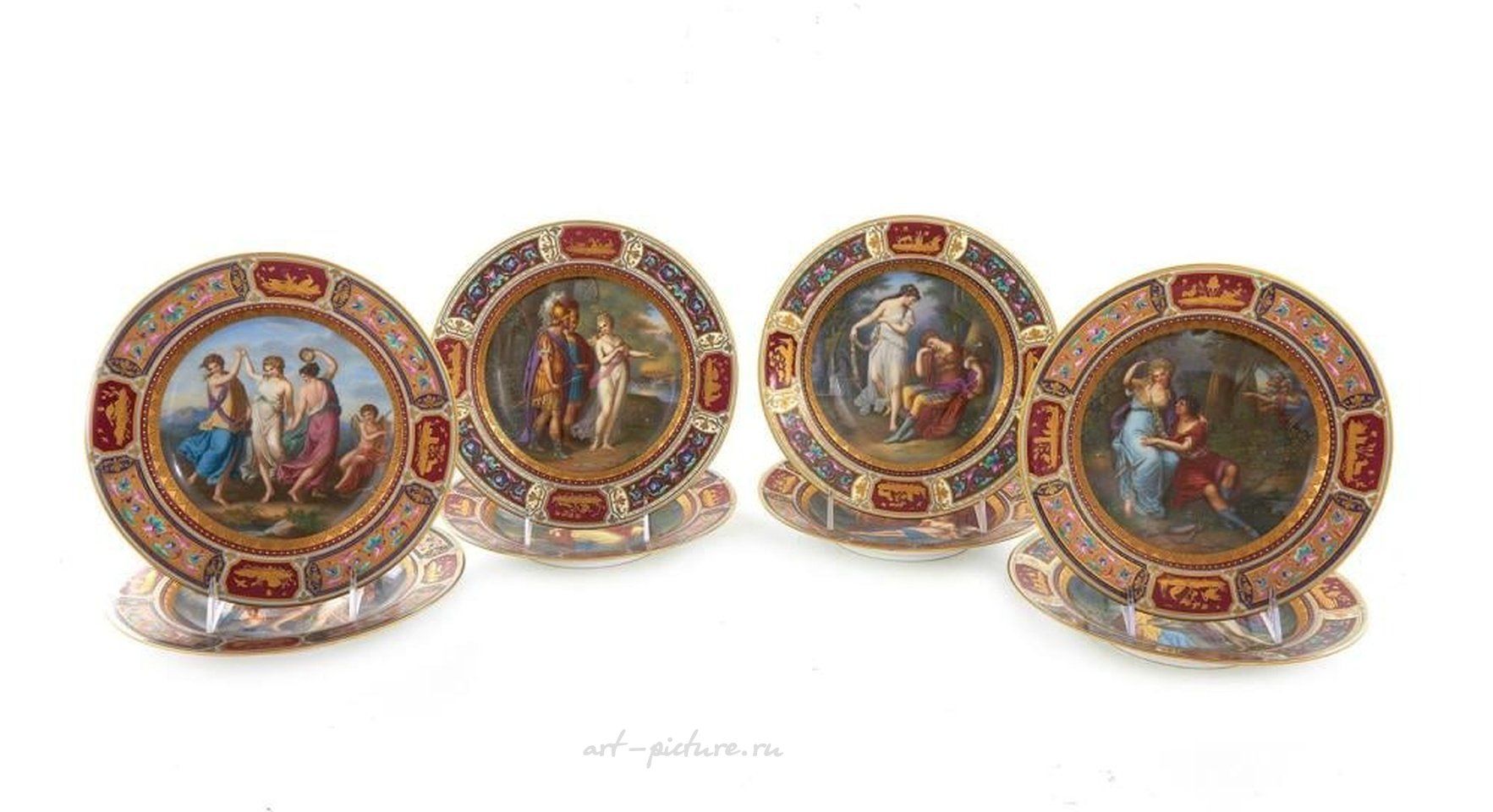 Royal Vienna , Фарфоровые кабинетные тарелки Royal Vienna с росписью и золоченой отделкой (4 шт.)