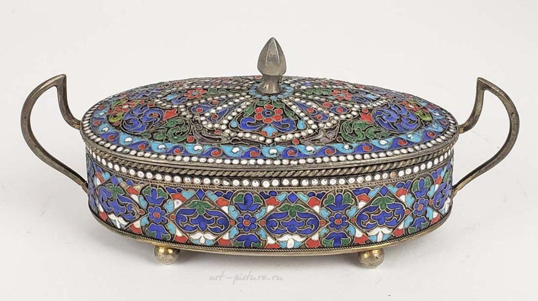 Русское серебро , Великолепный чайный сервиз русской эмали и серебра 84