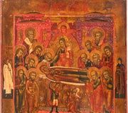 Икона с изображением Успения Пресвятой Богородицы, датированная.