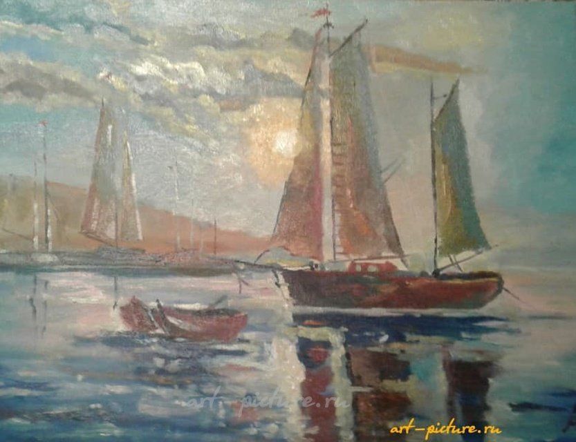 Корабль холст на картоне масло