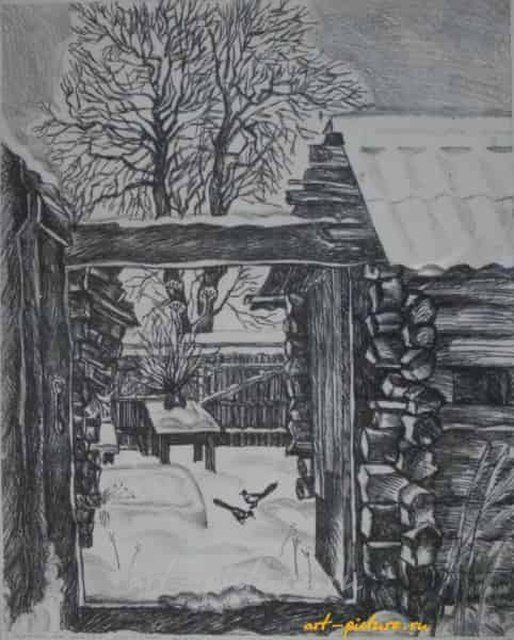 Сороки на снегу. Гравюра. 50 х 40 см.