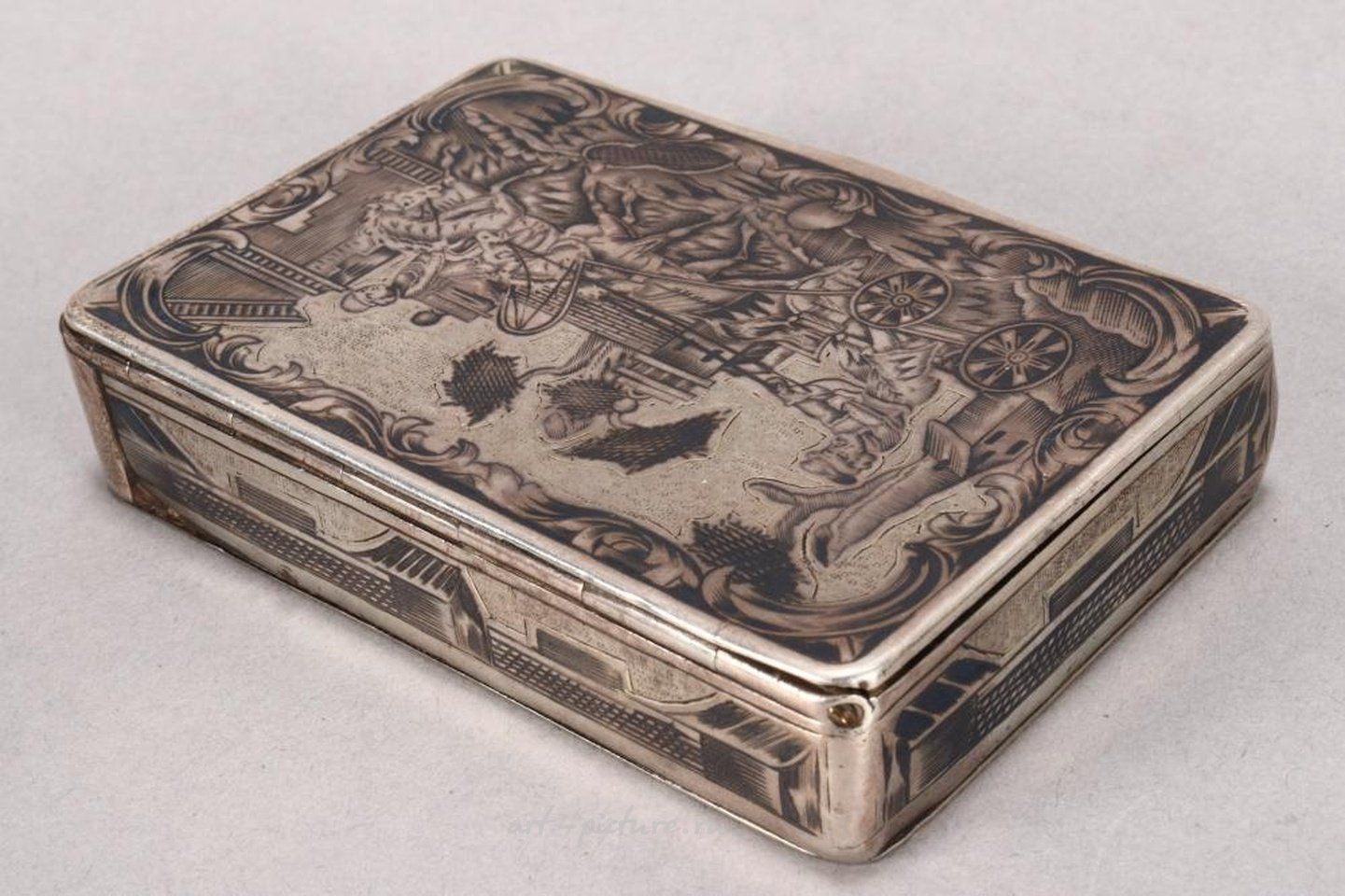 Russian silver , 19th Century Russian Silver Niello Snuff Box and