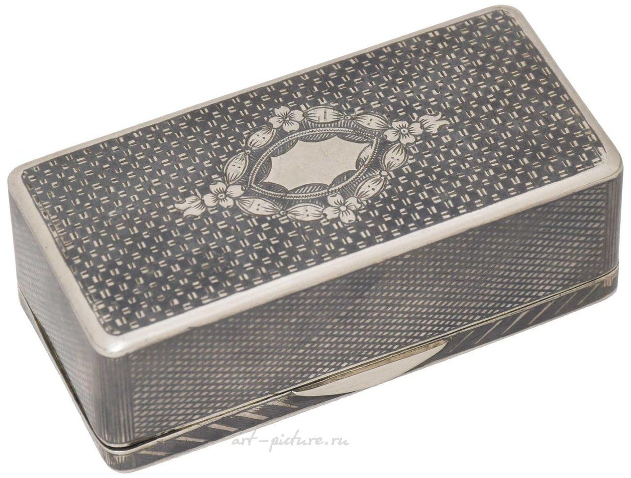 Russian silver , Russian silver snuffbox with a niello architectural landscape...