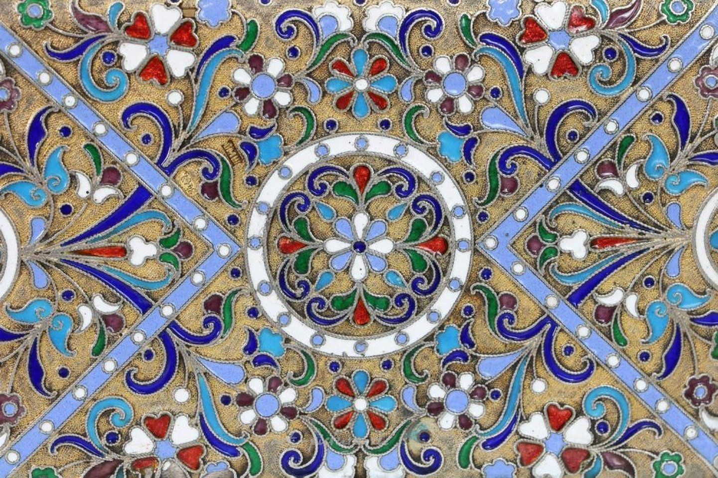 Russian silver , A Russian style silver-gilt and cloisonné cigarette case.