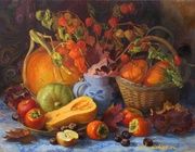 Тыквы, хурма и сухие листья масло, холст
