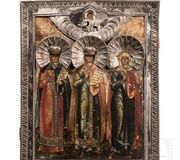 Russian Icon with Three Holy Martyrs and Silver Basma
