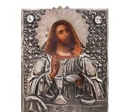 Русская религиозная икона на дереве с серебром из мастерской в Москве