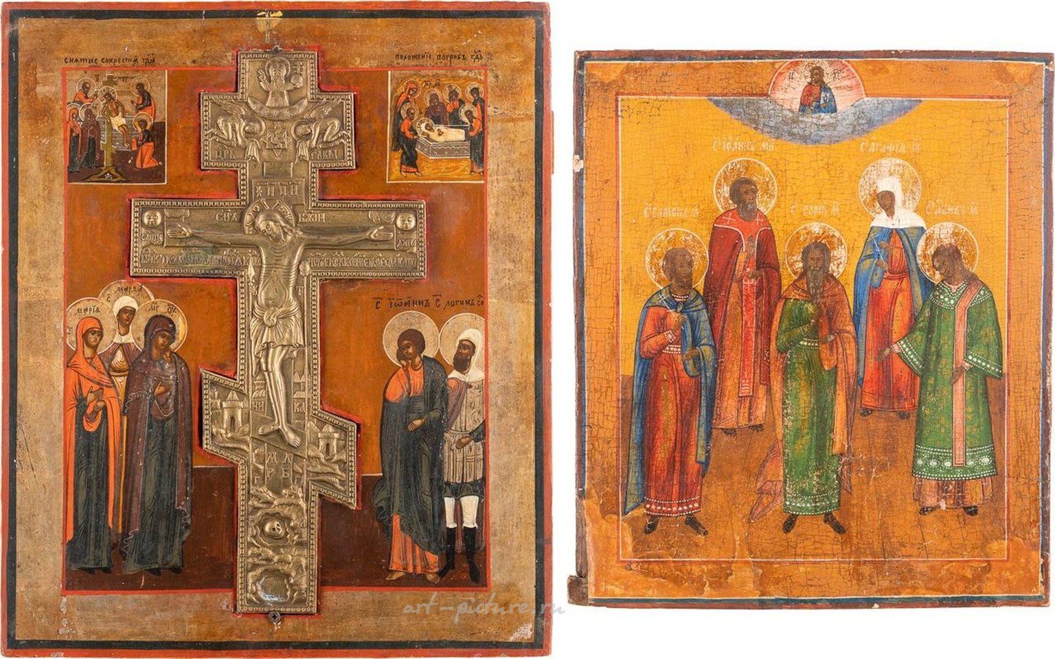 Русское серебро , Икона, изображающая пять избранных святых, и очень большая икона, изображающая распятие.