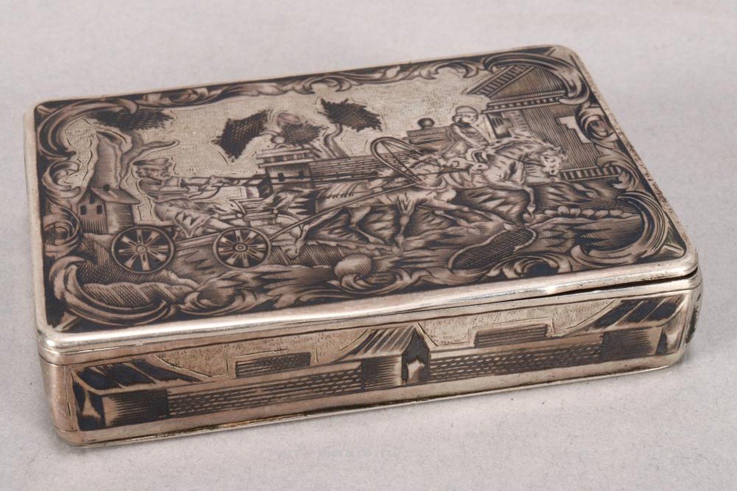 Russian silver , 19th Century Russian Silver Niello Snuff Box and