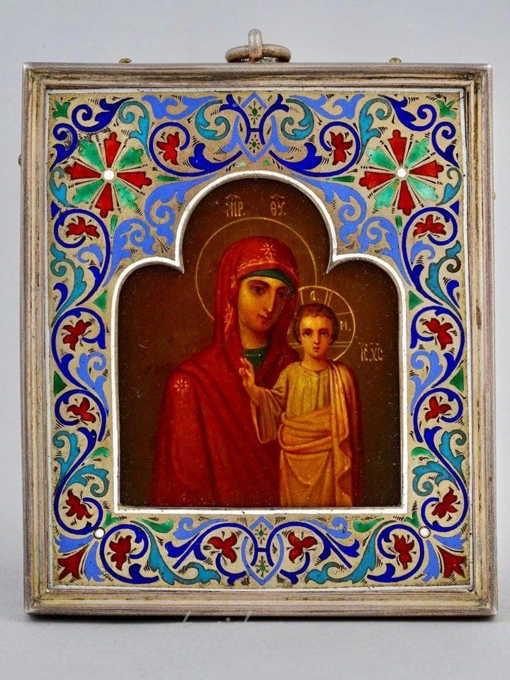 Russian silver , A RUSSIAN ORTHODOX GILT SILVER AND CLOISONNE ENAMEL ICON, 19...