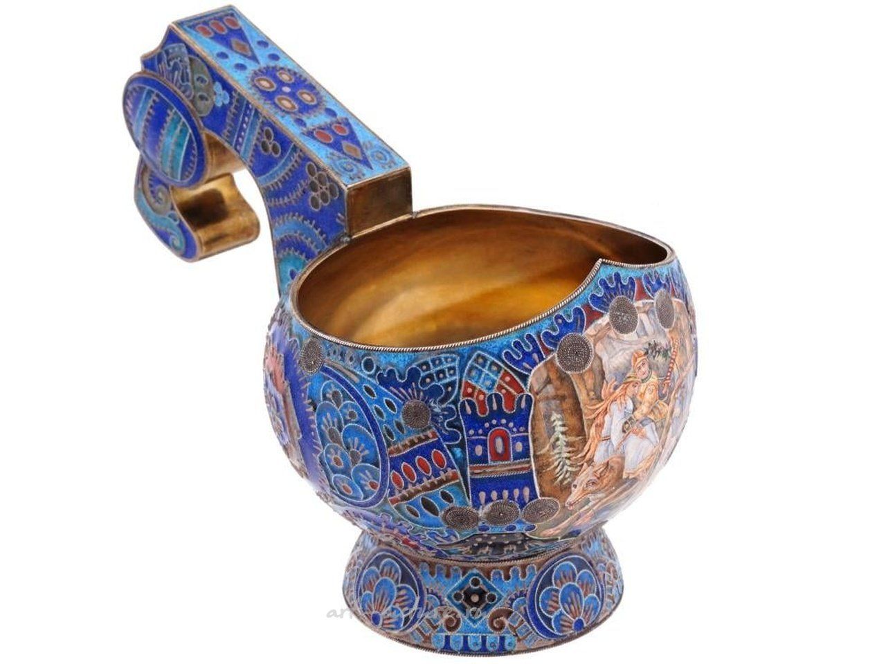 Русское серебро , Русская серебряная ковш с эмалью по клеточкам 84 пробы