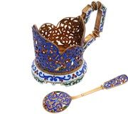 Русская серебряная подставка для чайного стакана с ложкой