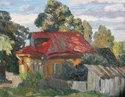 Дом с красной крышей. Картон, масло. 40 х 50 см.