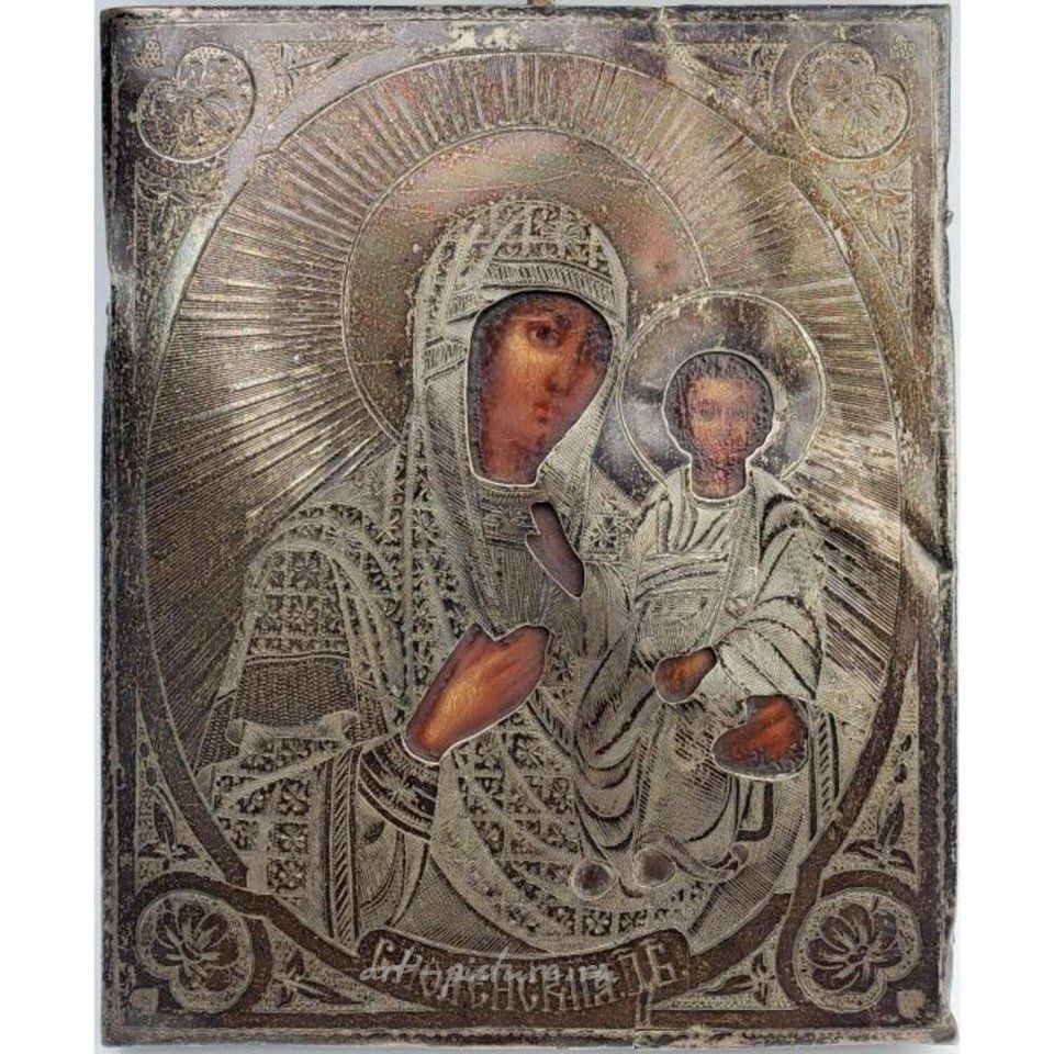 Русское серебро , Антикварная русская икона из серебра 84-й пробы XIX века
