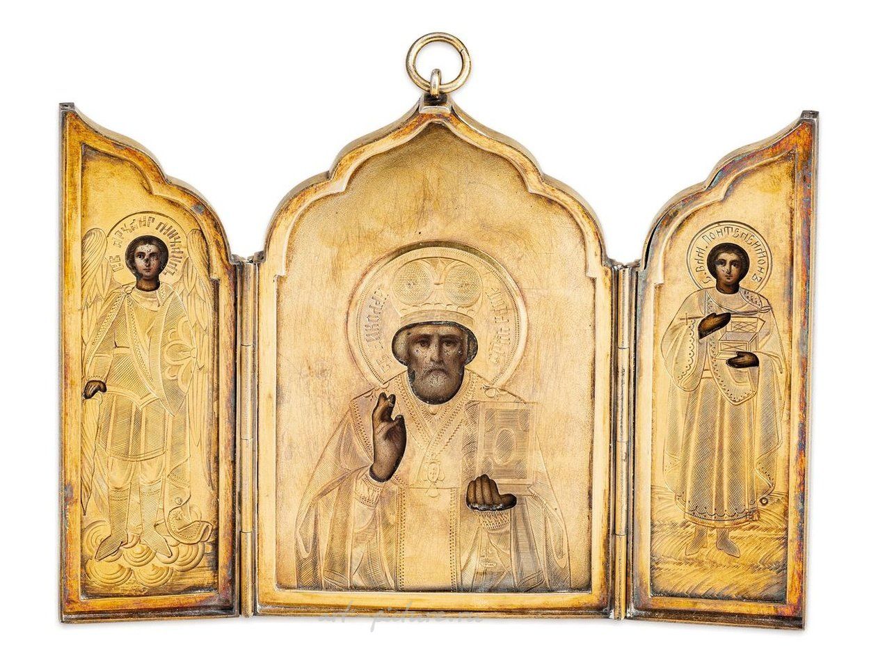 Русское серебро , РУССКАЯ ИКОНА-ТРИПТИХ С ПОЗОЛОТОЙ