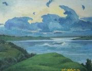 Синий вечер над рекой Масло, грунтованный картон 