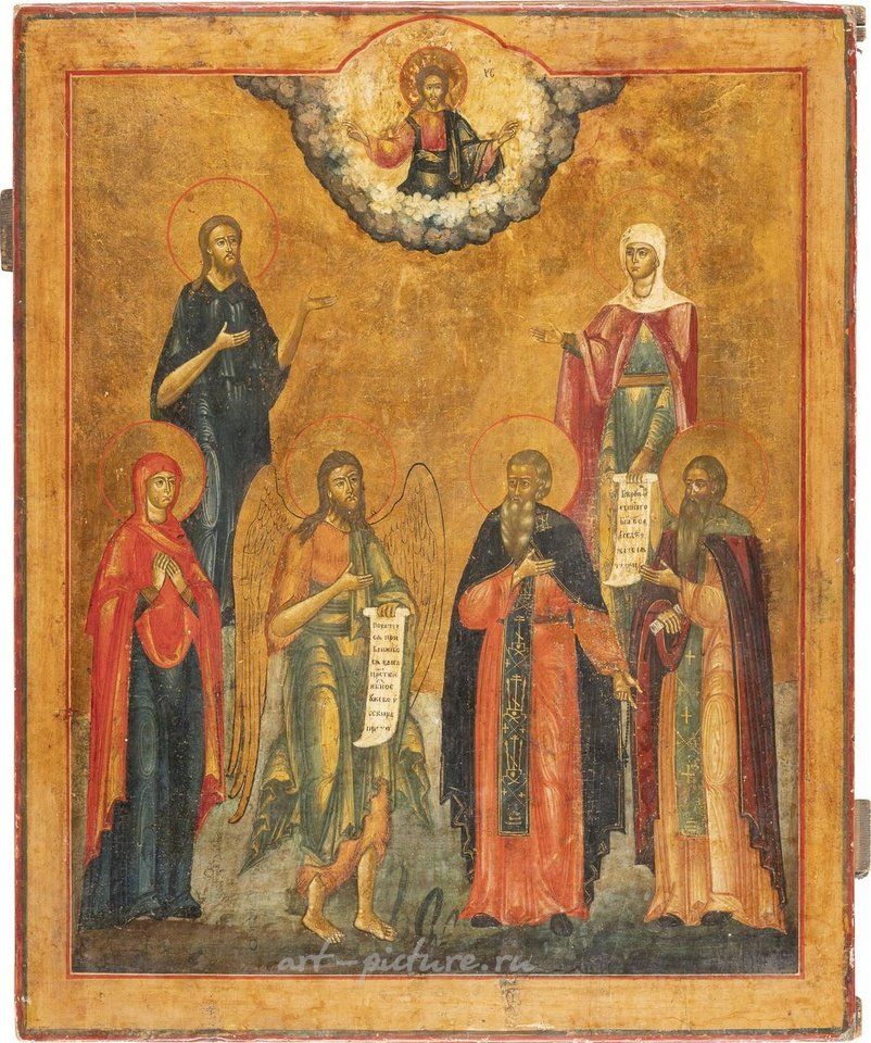 Русское серебро , ОЧЕНЬ БОЛЬШАЯ ИКОНА, ПОКАЗЫВАЮЩАЯ ШЕСТЬ ПОКРОВИТЕЛЕЙ СВЯТЫХ